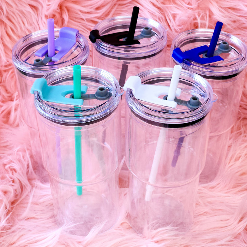 24oz Plastic Acrylic Snow Globe Curved Cup w/ Colored Lid & Straw