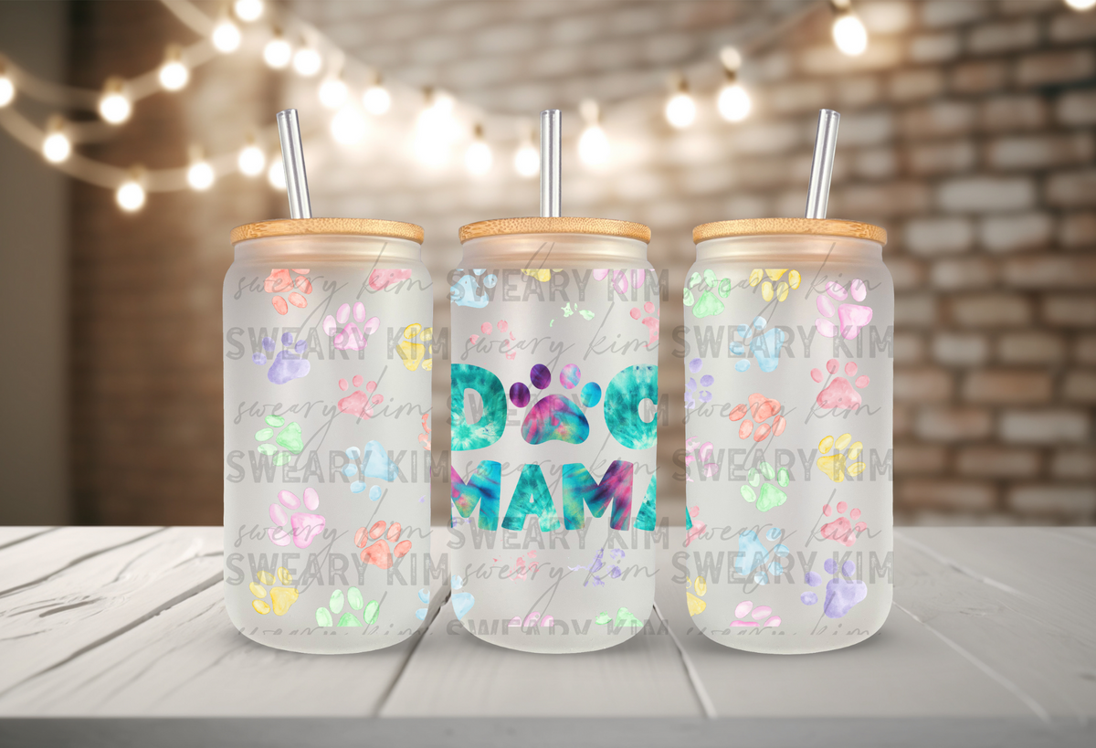 Pastel Dog Mama UV Dtf 16oz glass can wrap