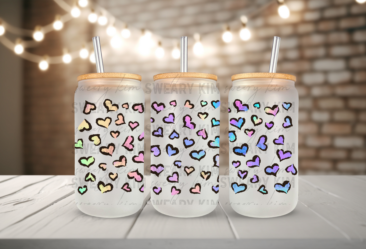 Rainbow Leopard Hearts UV Dtf 16oz glass can wrap