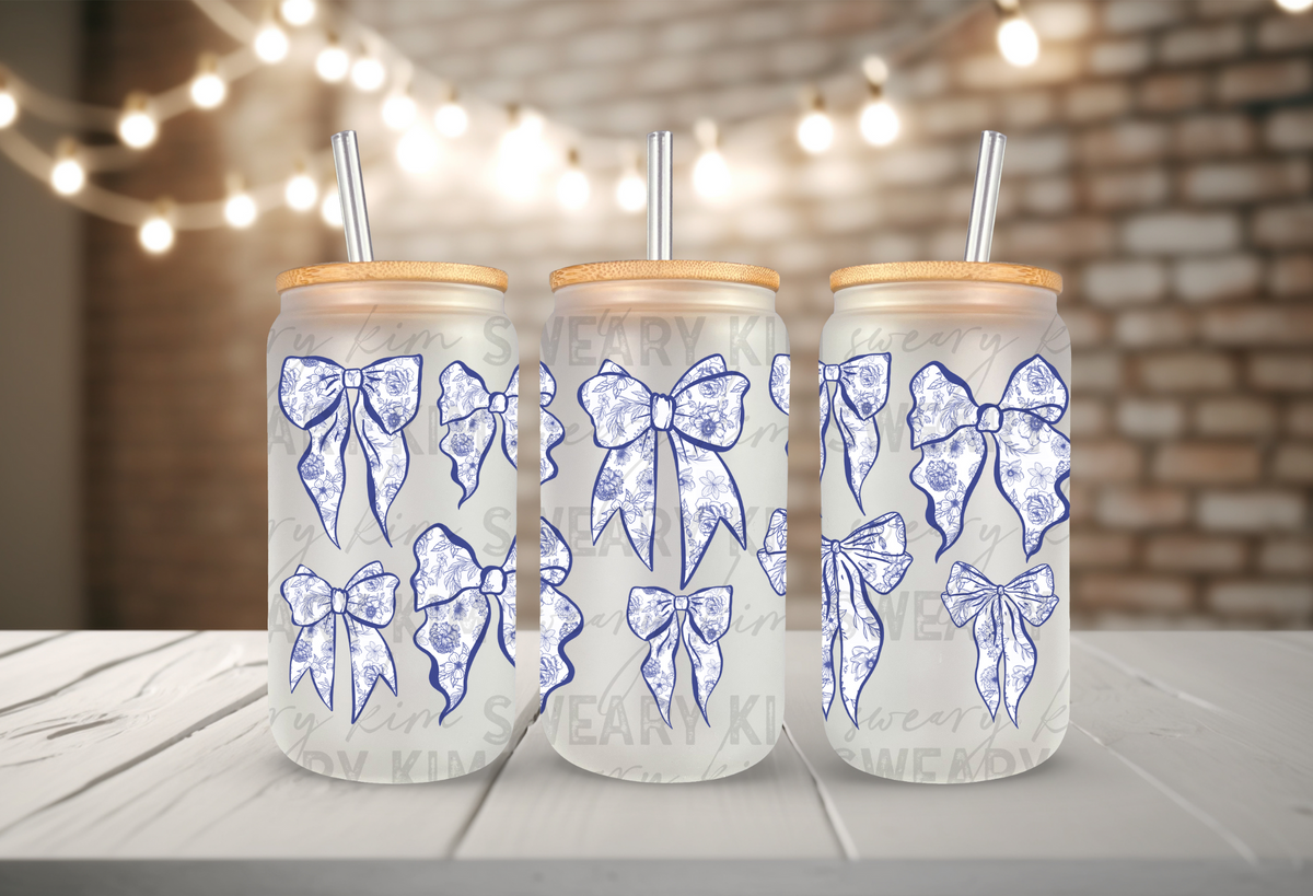 Exclusive Blue Coquette Bows UV Dtf 16oz glass can wrap