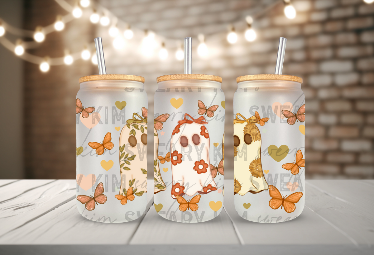 Girly Floral Ghosts UV Dtf 16oz glass can wrap