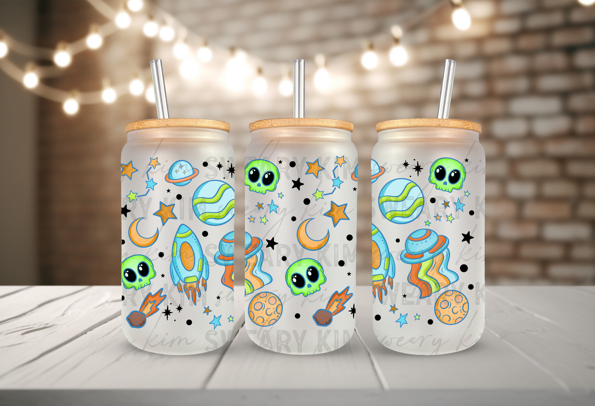 Blue Space Aliens UV Dtf 16oz glass can wrap