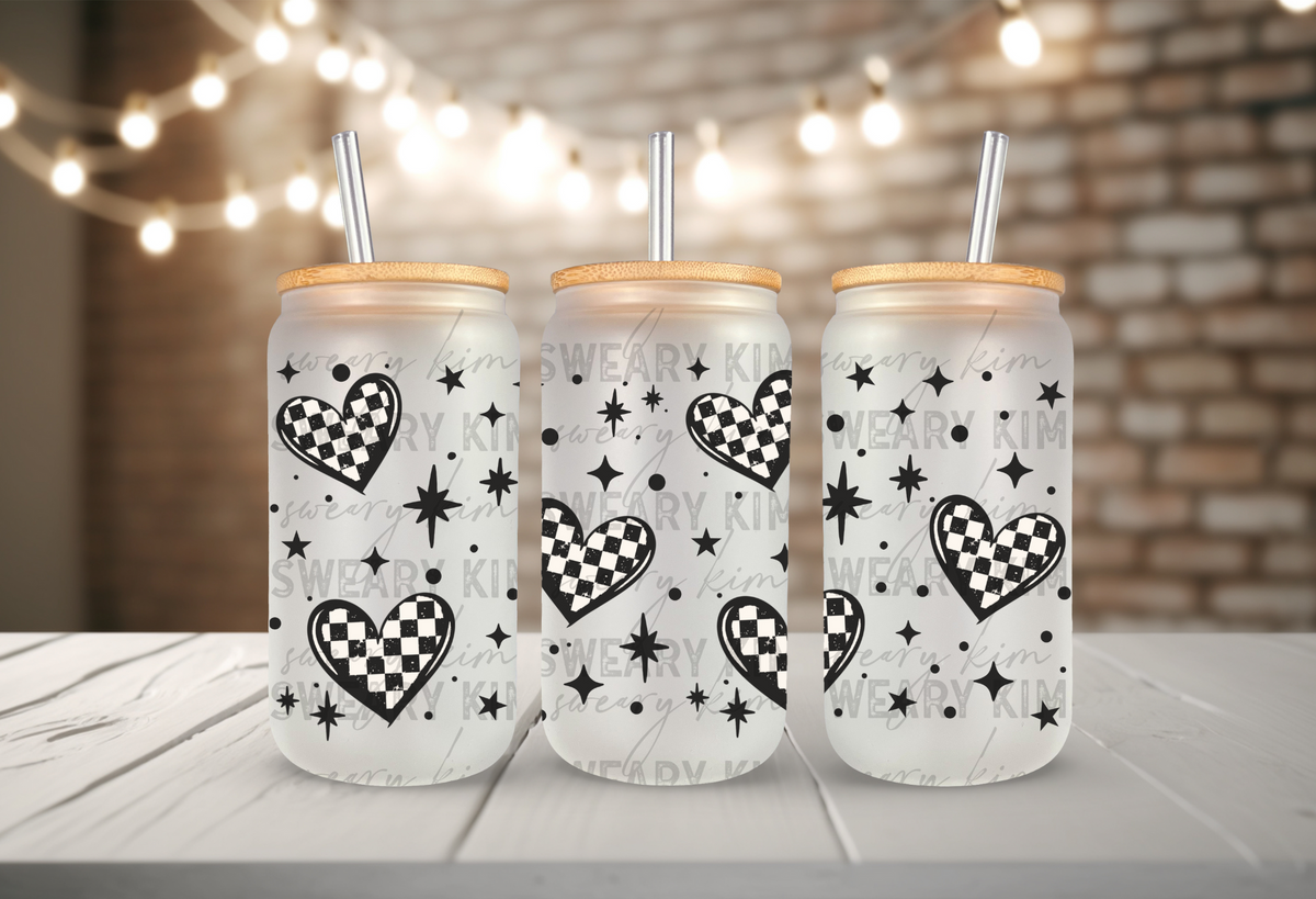 Black Checkered Hearts & Stars UV Dtf 16oz glass can wrap