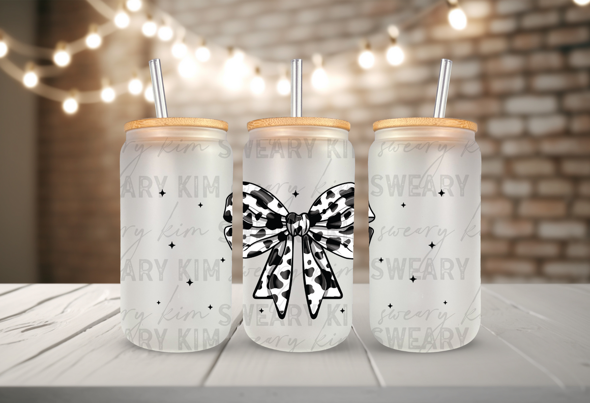 Cow Print Bow UV Dtf 16oz glass can wrap