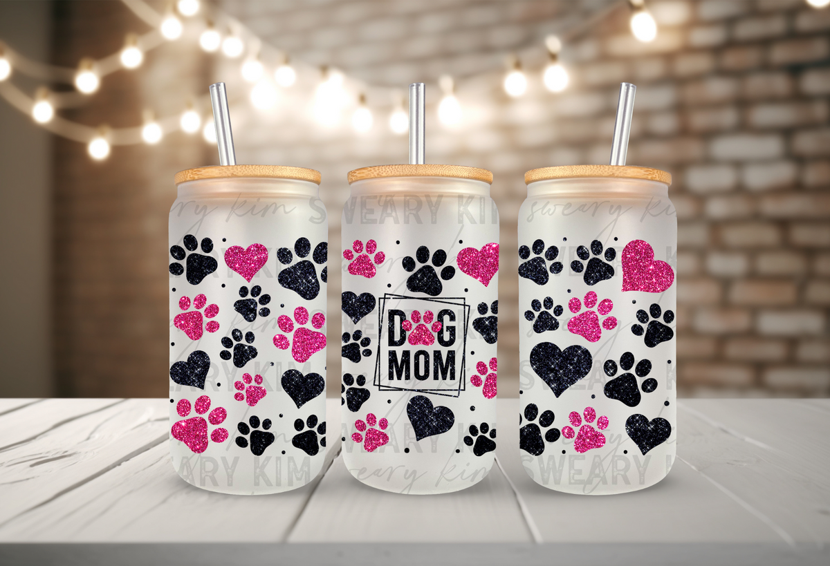 Dog Mom Faux Glitter Paws UV Dtf 16oz glass can wrap