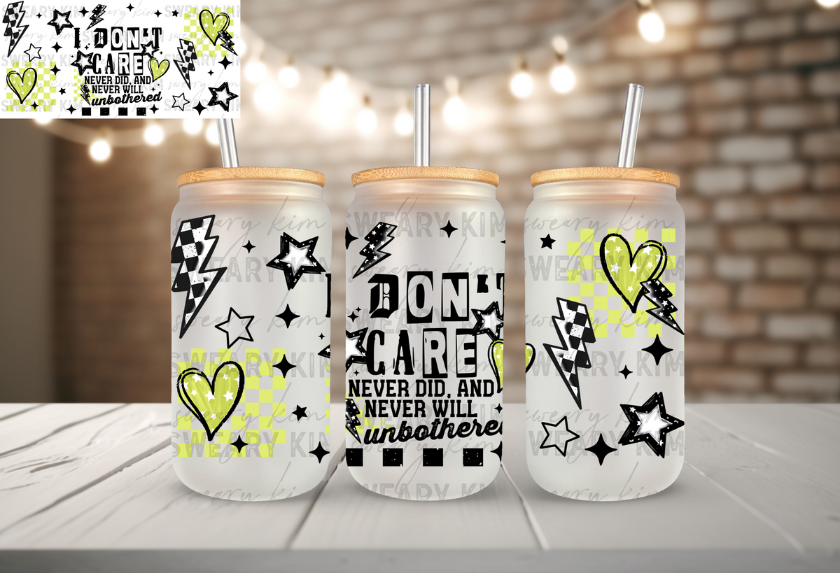 Don't Care Lime UV Dtf 16oz glass can wrap