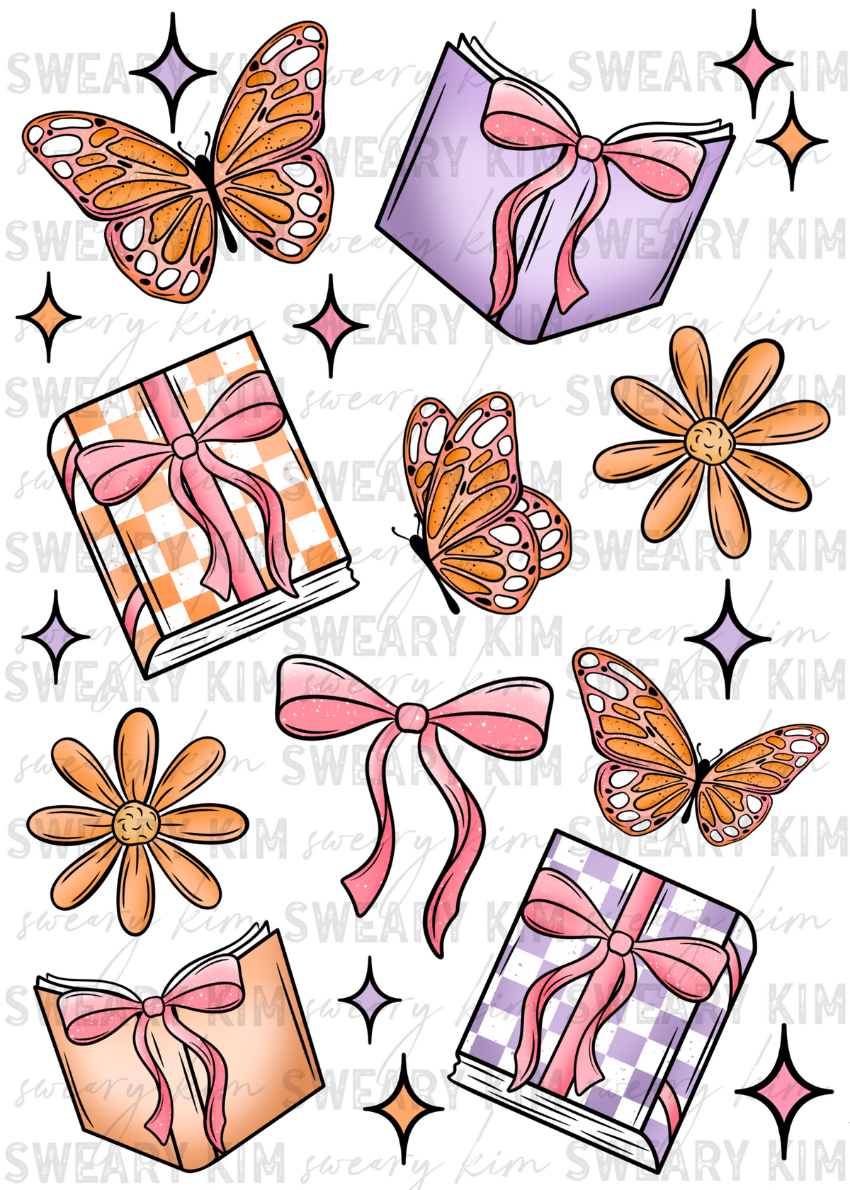 Exclusive Checkered Books & Butterflies UV Dtf Element Sheet