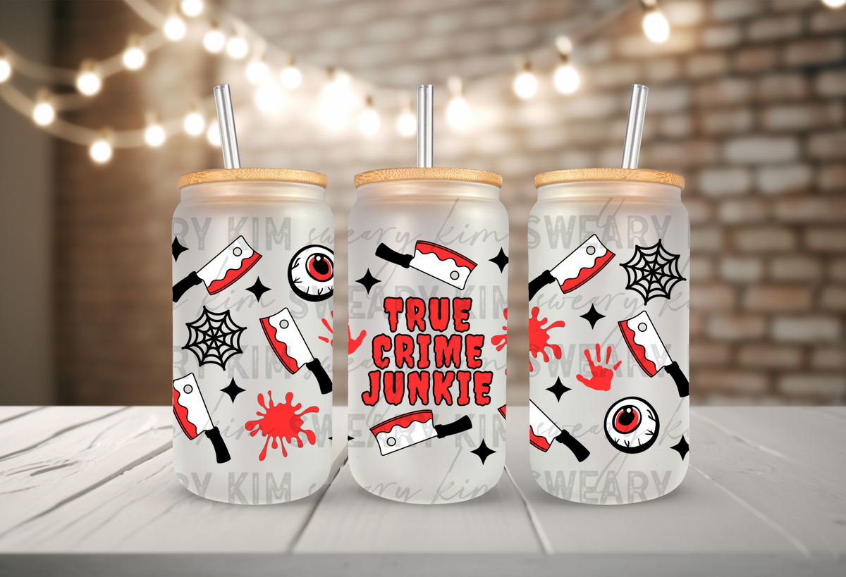 True Crime Junkie UV Dtf 16oz glass can wrap
