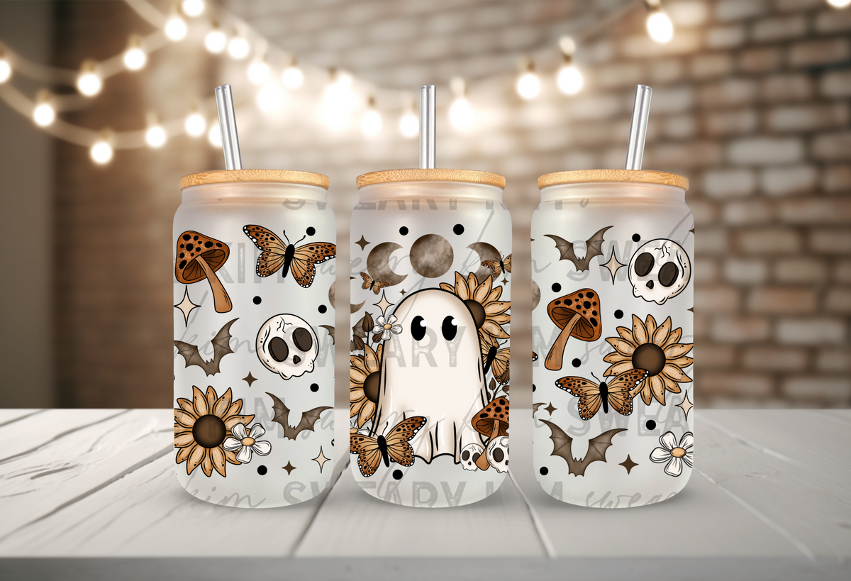 Sunflower Ghost UV Dtf 16oz glass can wrap
