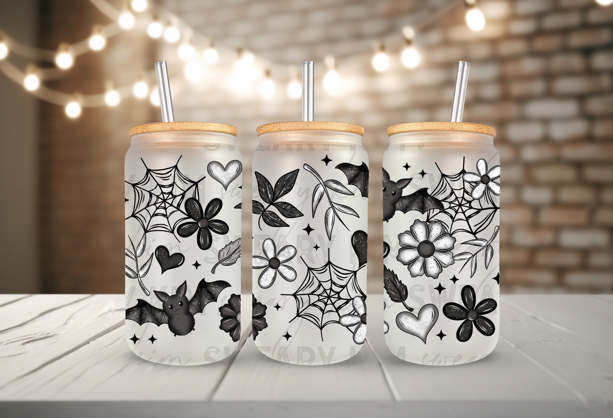 Cutesy Bats & Webs UV Dtf 16oz glass can wrap
