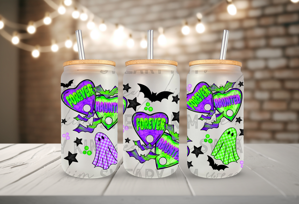 Forever Haunted UV Dtf 16oz glass can wrap