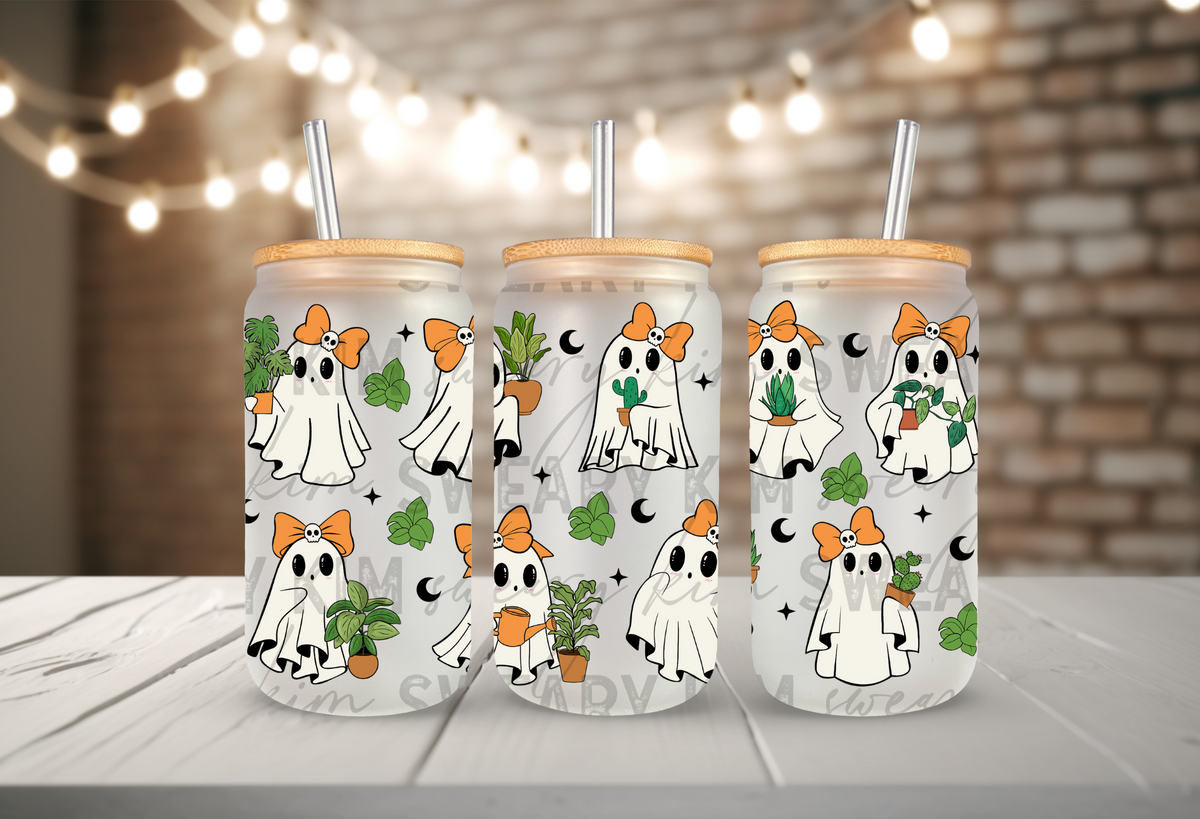 Plant Lover Ghosts UV Dtf 16oz glass can wrap