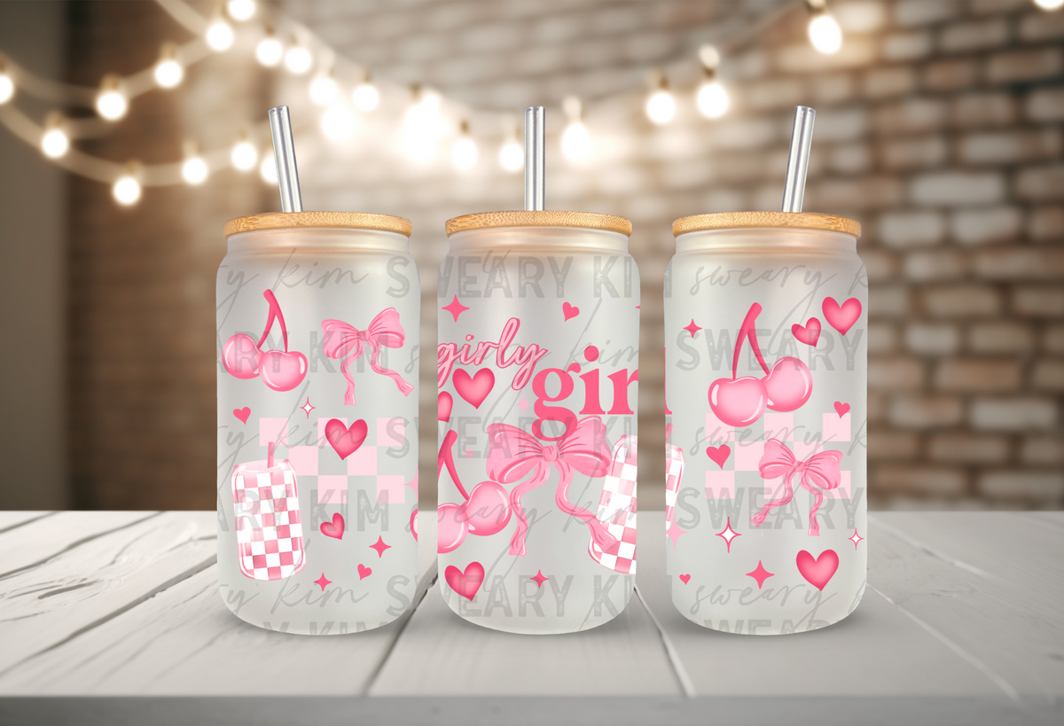 Pink Girly Girl Checkers UV Dtf 16oz glass can wrap