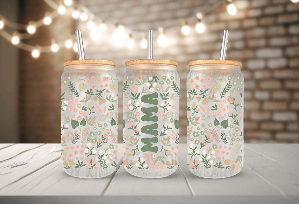 Green Floral Mama UV Dtf 16oz glass can wrap