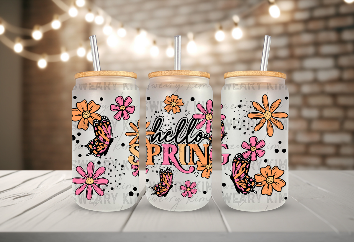 Hello Spring Flowers & Butterflies UV Dtf 16oz glass can wrap