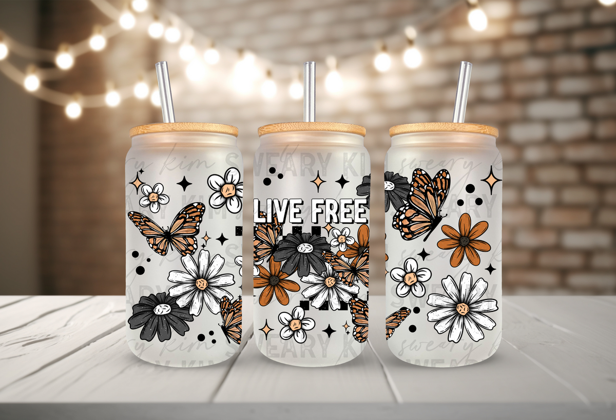 Live Free Floral Butterflies UV Dtf 16oz glass can wrap