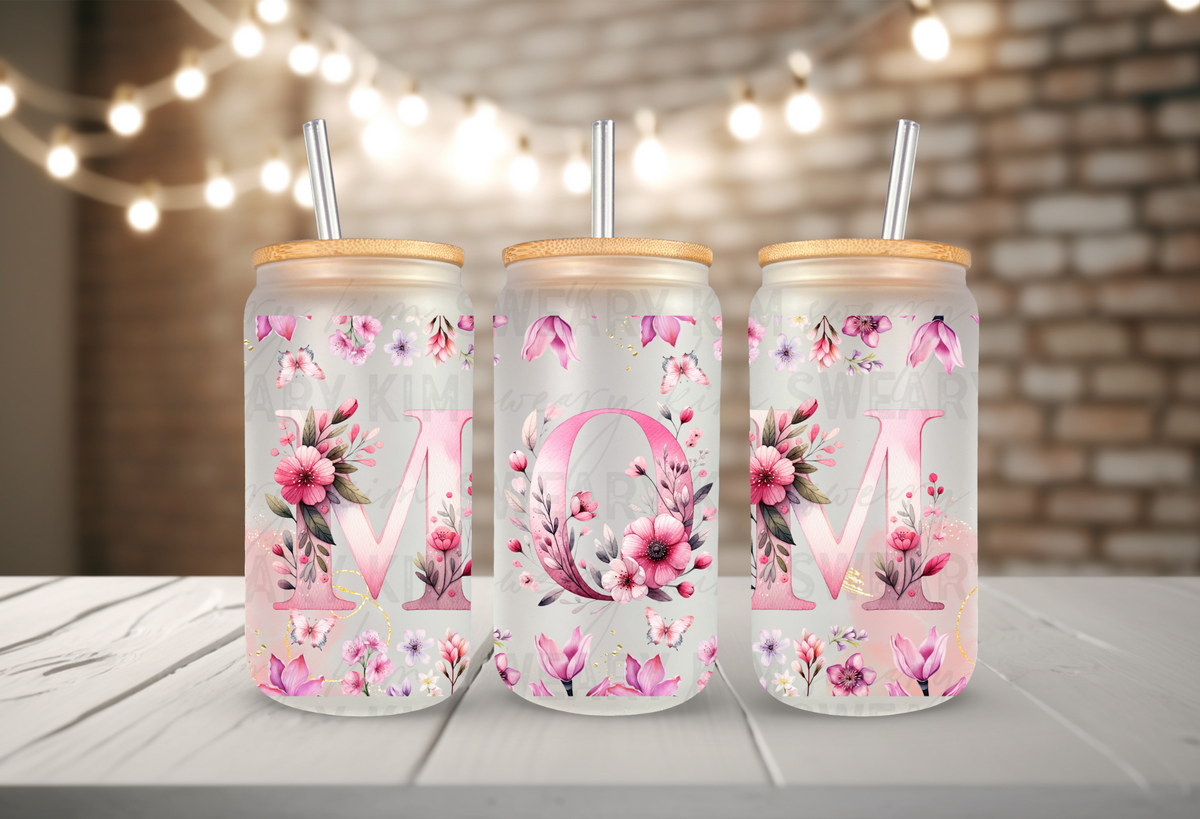 Pink Floral Mom UV Dtf 16oz glass can wrap
