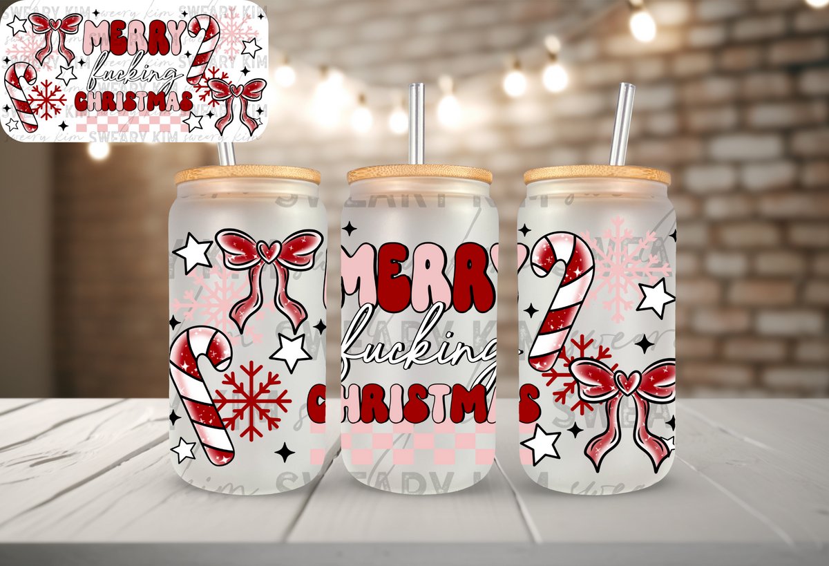 Exclusive Merry Fucking Christmas UV Dtf 16oz glass can wrap