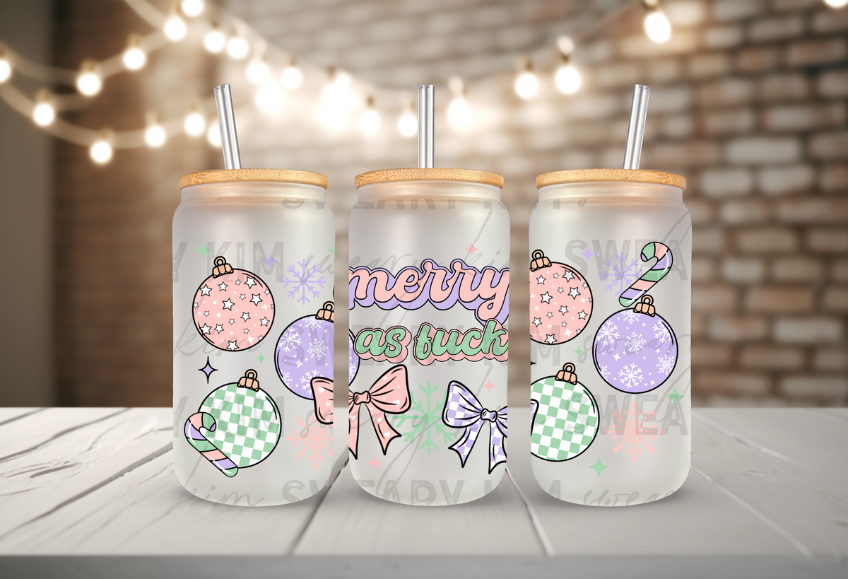 Exclusive Merry As Fuck UV Dtf 16oz glass can wrap