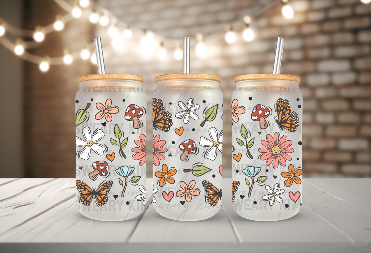 Butterfly Mushy Flowers UV Dtf 16oz glass can wrap
