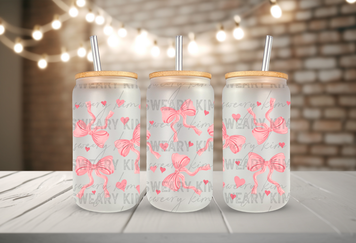 Dainty Pink Bows & Hearts UV Dtf 16oz glass can wrap