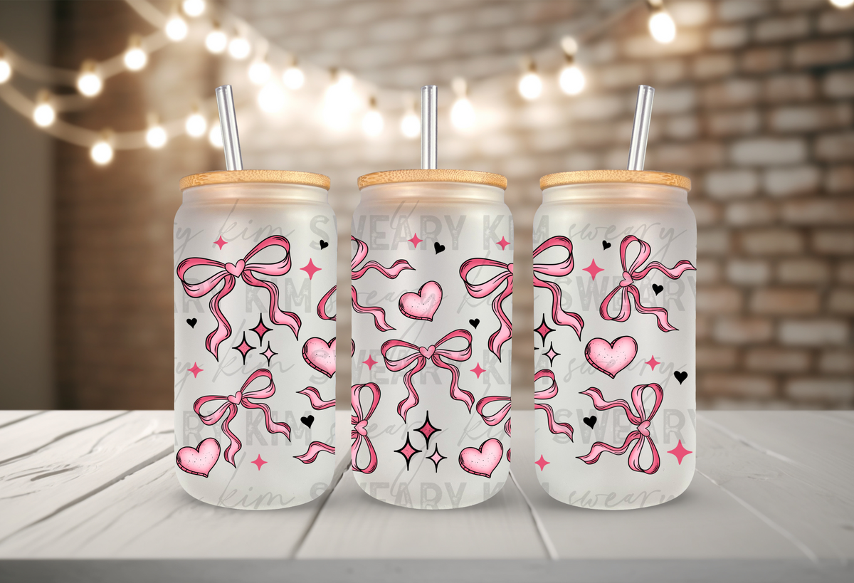 Dainty Pink Bows & Hearts UV Dtf 16oz glass can wrap