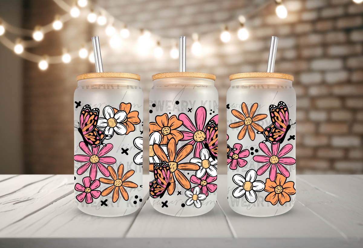 Pink & Orange Floral Butterflies UV Dtf 16oz glass can wrap