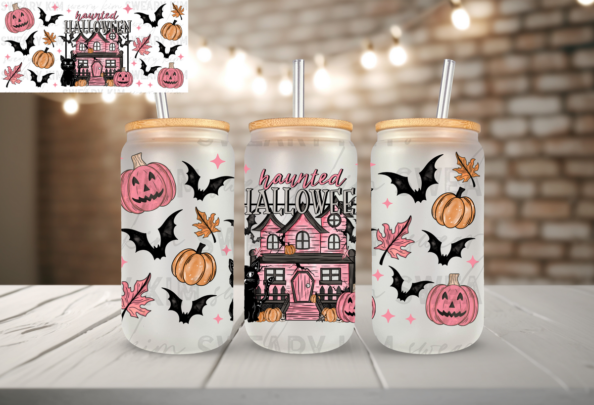 Haunted Halloween House UV Dtf 16oz glass can wrap