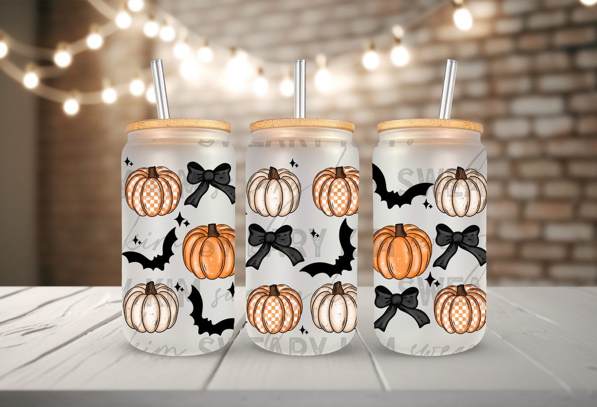 Pumpkins, Bats, & Bows UV Dtf 16oz glass can wrap