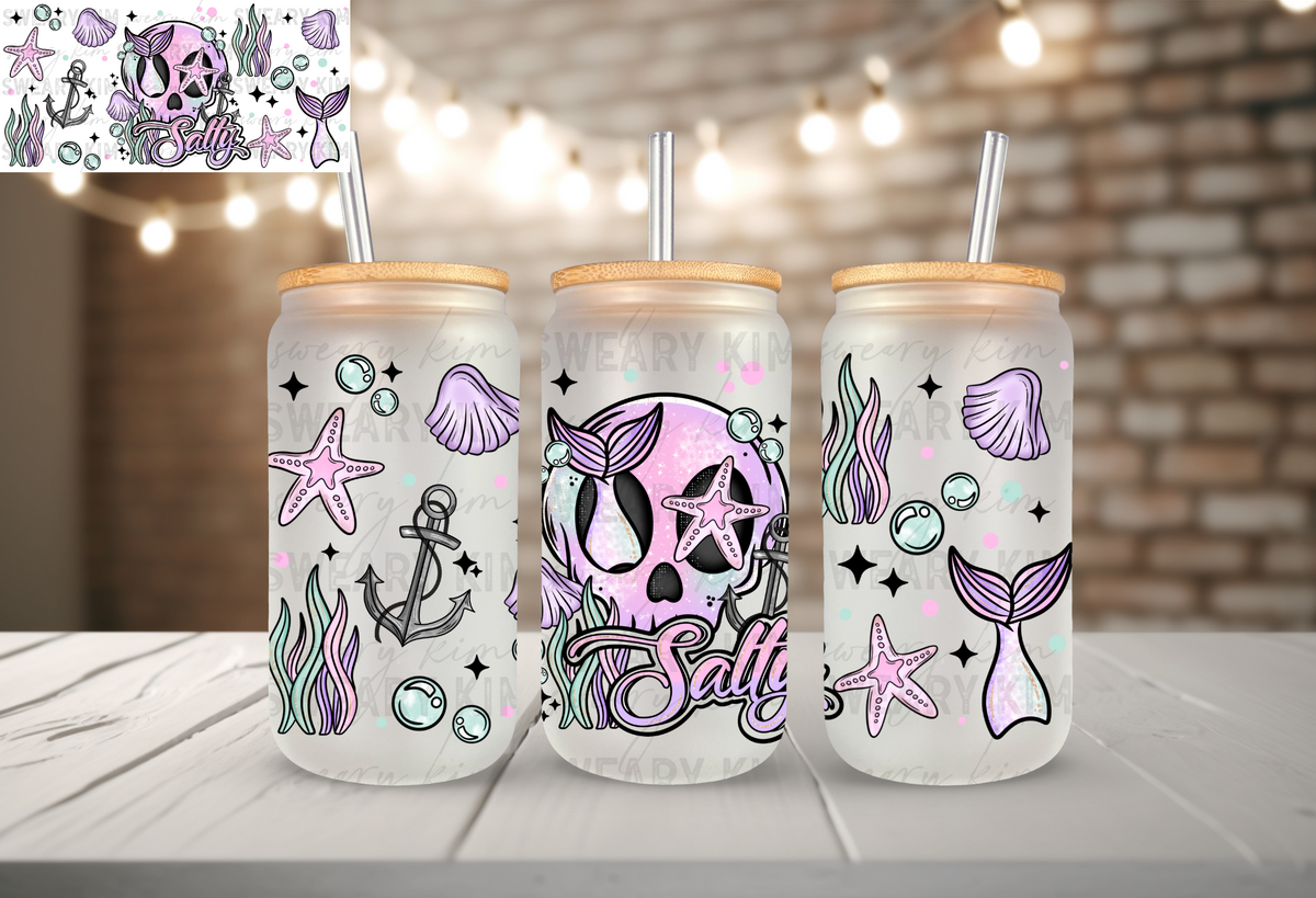 Salty Mermaid Skull UV Dtf 16oz glass can wrap
