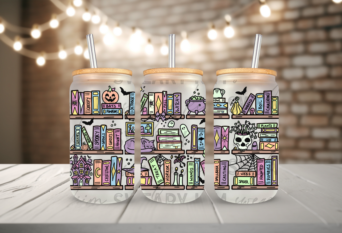 Spooky Book Shelf UV Dtf 16oz glass can wrap