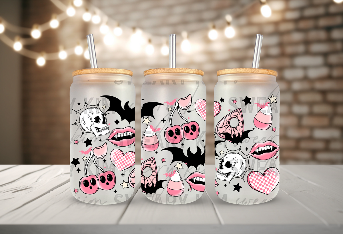 Pink Spooky Things UV Dtf 16oz glass can wrap