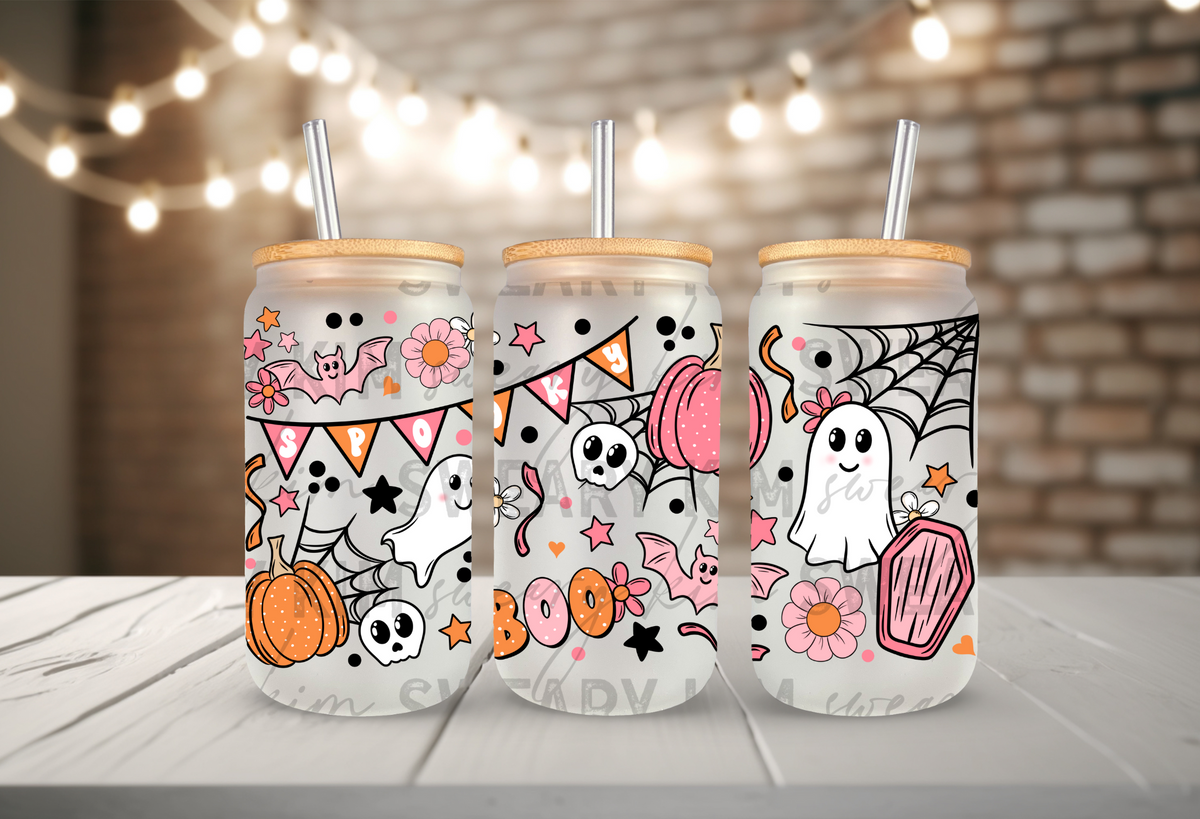 Exclusive Spooky Party UV Dtf 16oz glass can wrap