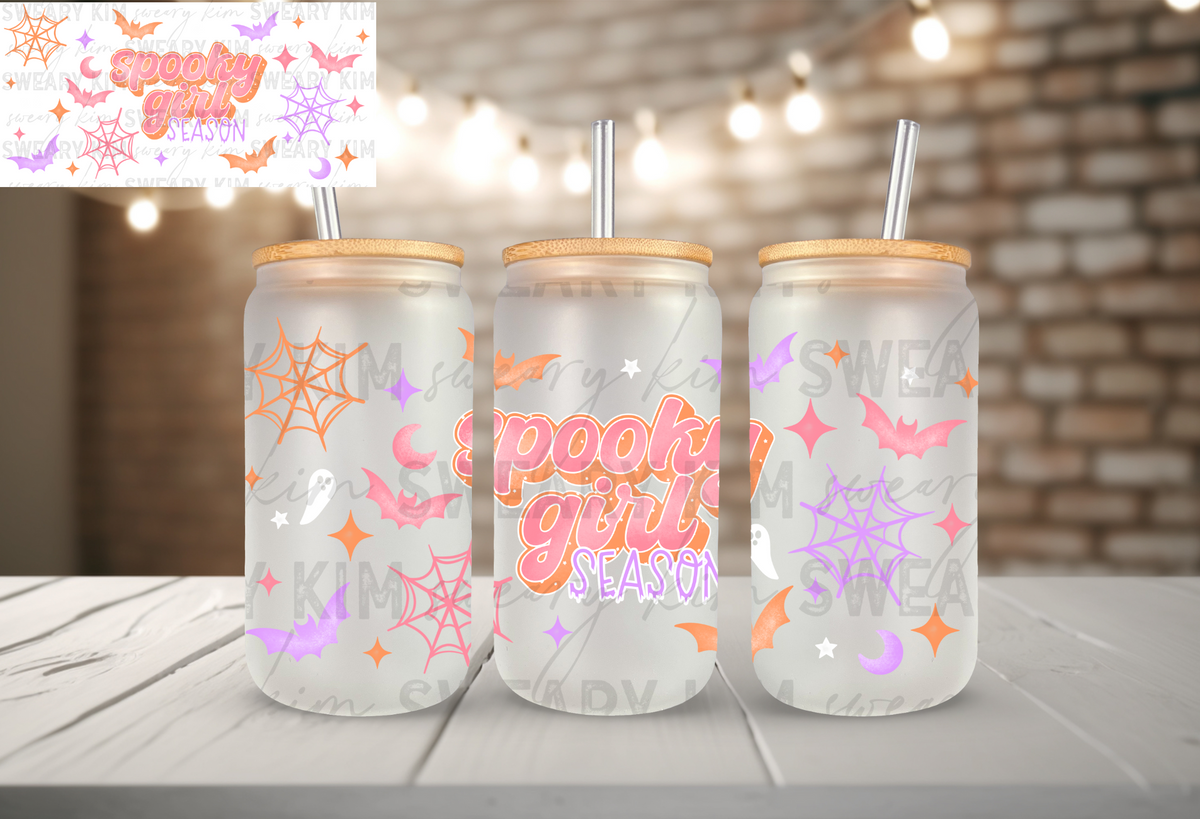 Exclusive Spooky Girl Season UV Dtf 16oz glass can wrap