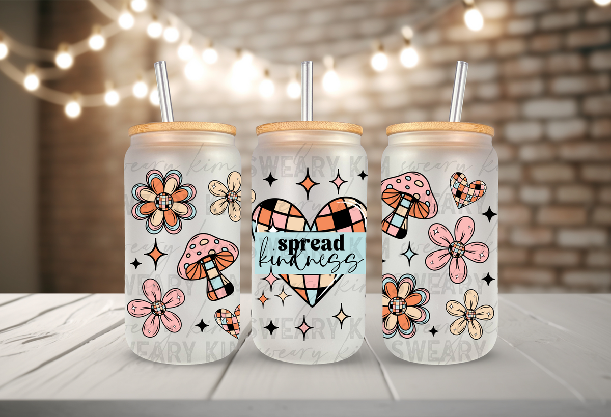 Spread Kindness Checkered Hearts UV Dtf 16oz glass can wrap