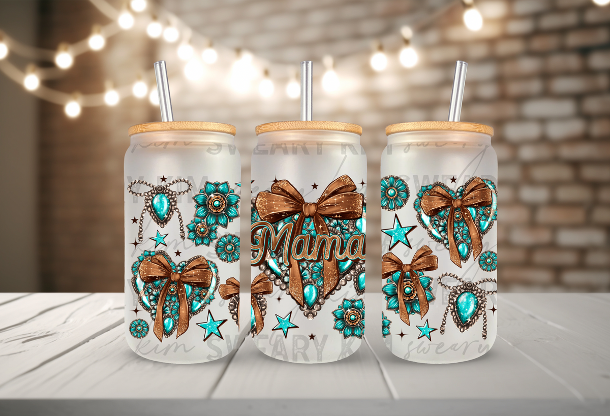 Western Turquoise Mama UV Dtf 16oz glass can wrap