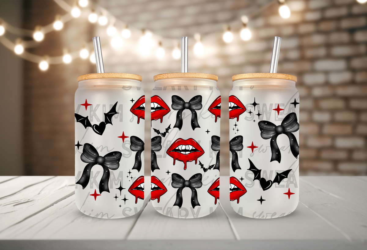 Vampire Lips & Bows UV Dtf 16oz glass can wrap