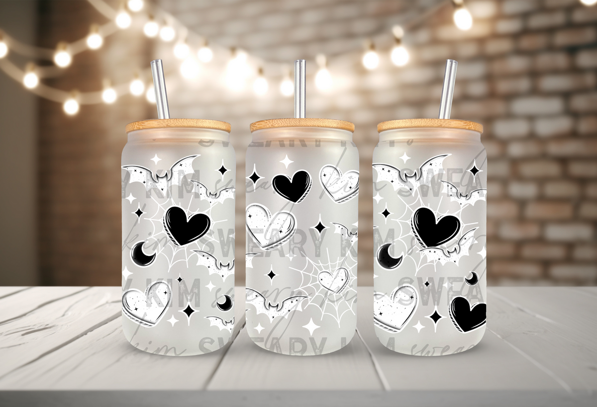 White Bats & Heart Webs UV Dtf 16oz glass can wrap