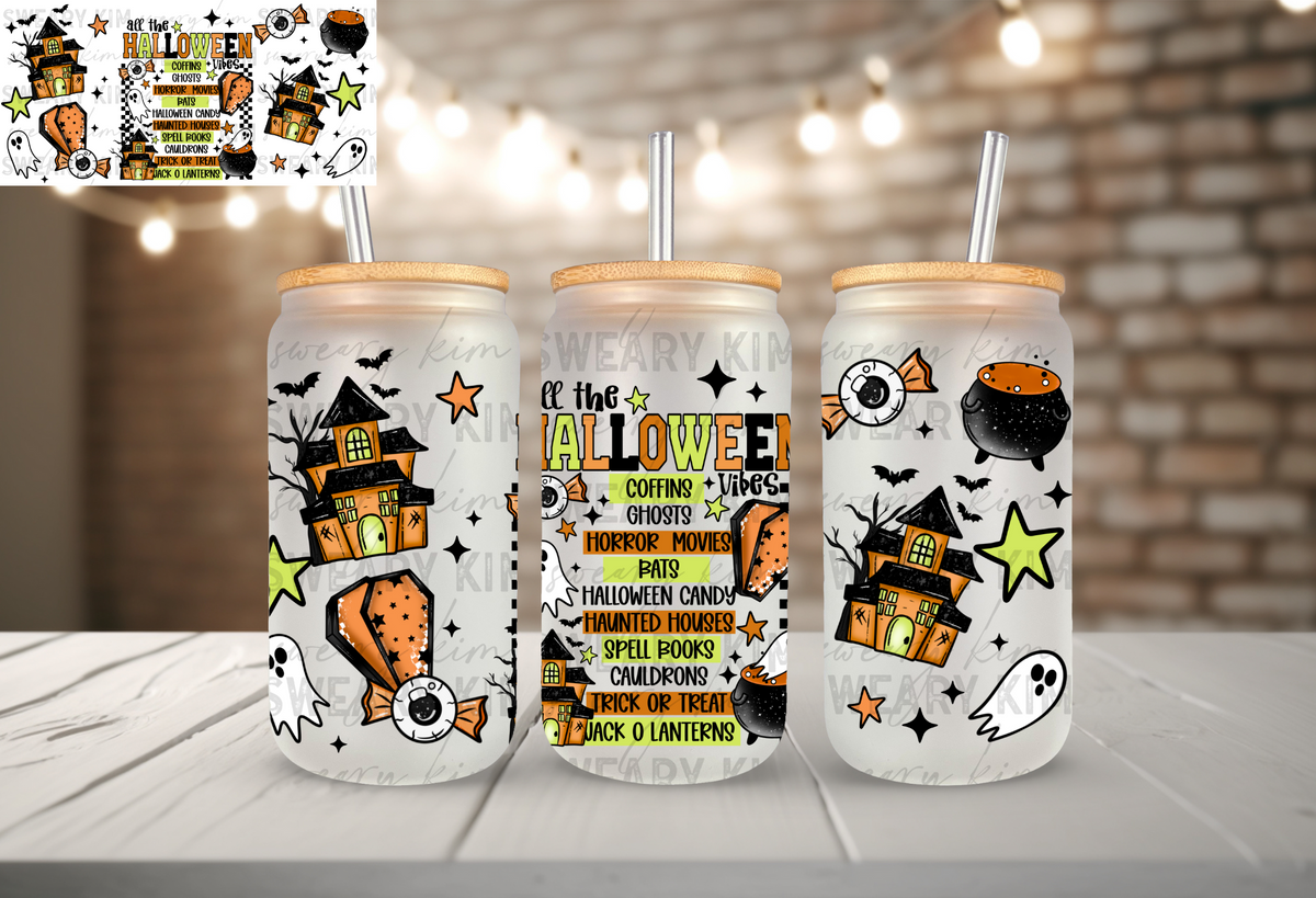 All Halloween Vibes UV Dtf 16oz glass can wrap