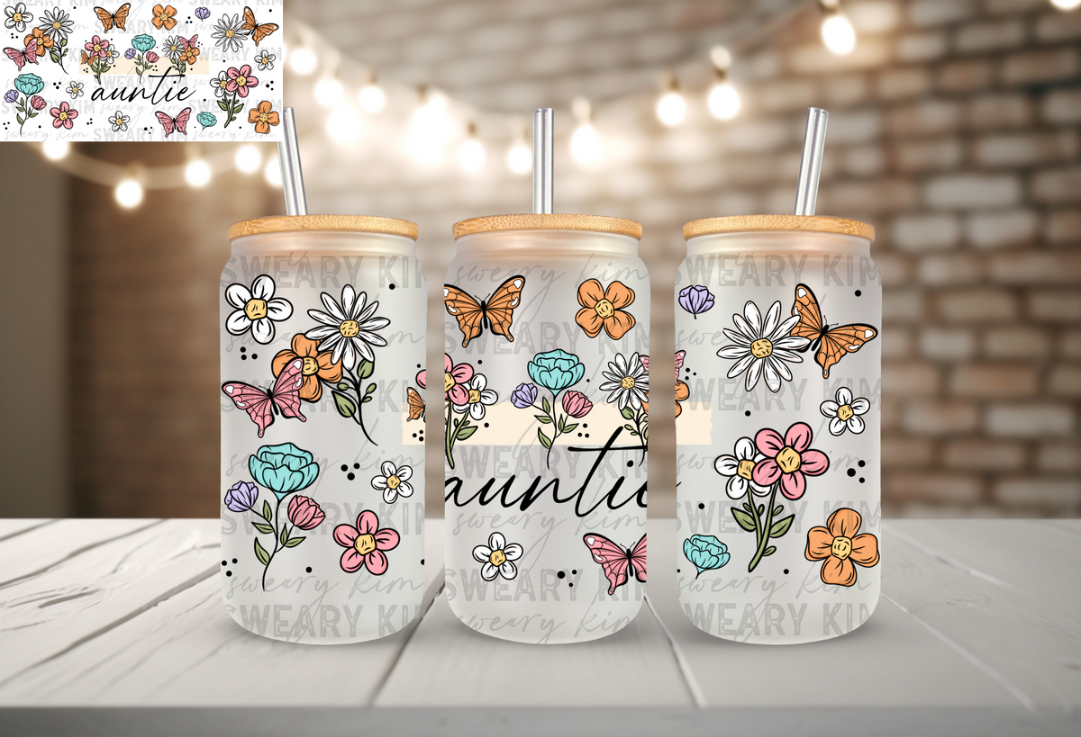 Auntie Butterfly Florals UV Dtf 16oz glass can wrap