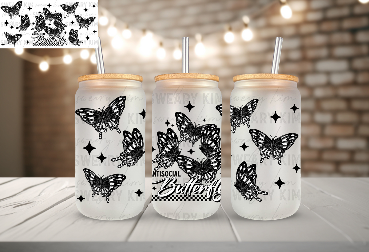 Antisocial Butterfly UV Dtf 16oz glass can wrap