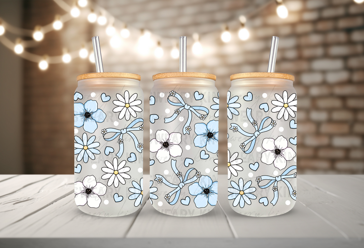 Blue & White Flowers & Bows UV Dtf 16oz glass can wrap