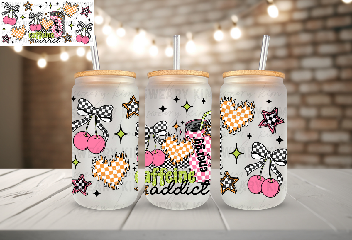 Retro Caffeine Addict UV Dtf 16oz glass can wrap