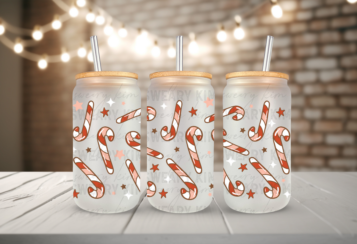 Candy Canes & Stars UV Dtf 16oz glass can wrap