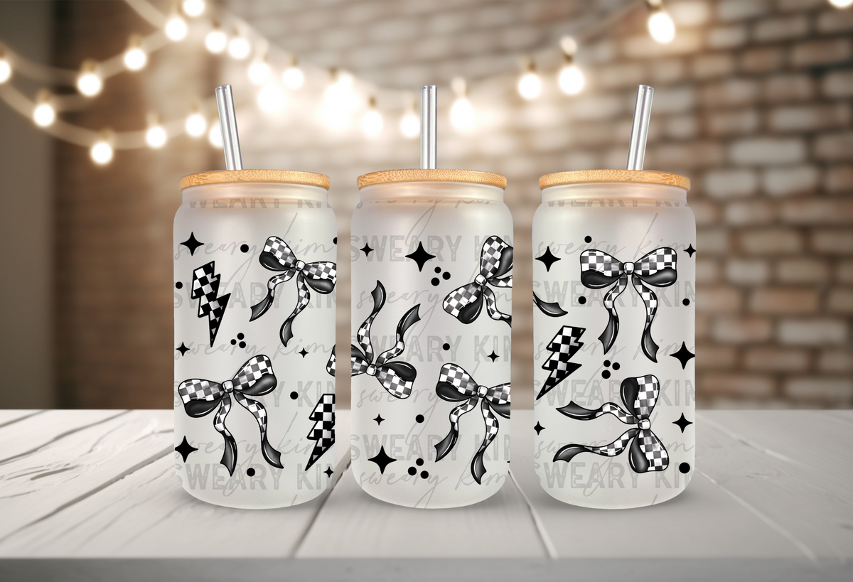 Black Checkered Bows & Bolts UV Dtf 16oz glass can wrap