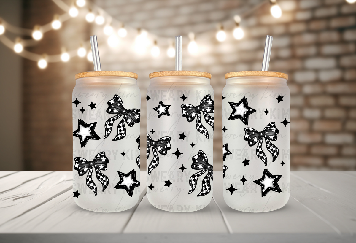 Checkered Starry Bows UV Dtf 16oz glass can wrap