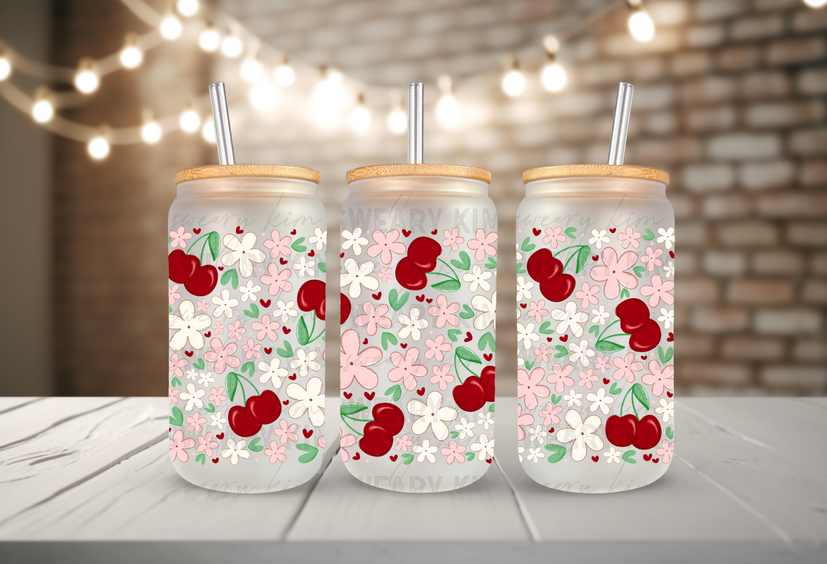 Cherries & Dainty Flowers UV Dtf 16oz glass can wrap
