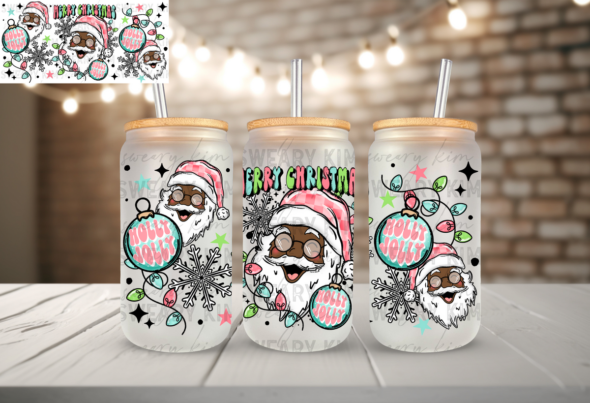 Chocolate Holly Jolly Santa UV Dtf 16oz glass can wrap