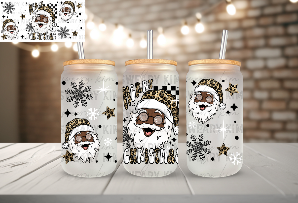 Chocolate Leopard Santa UV Dtf 16oz glass can wrap