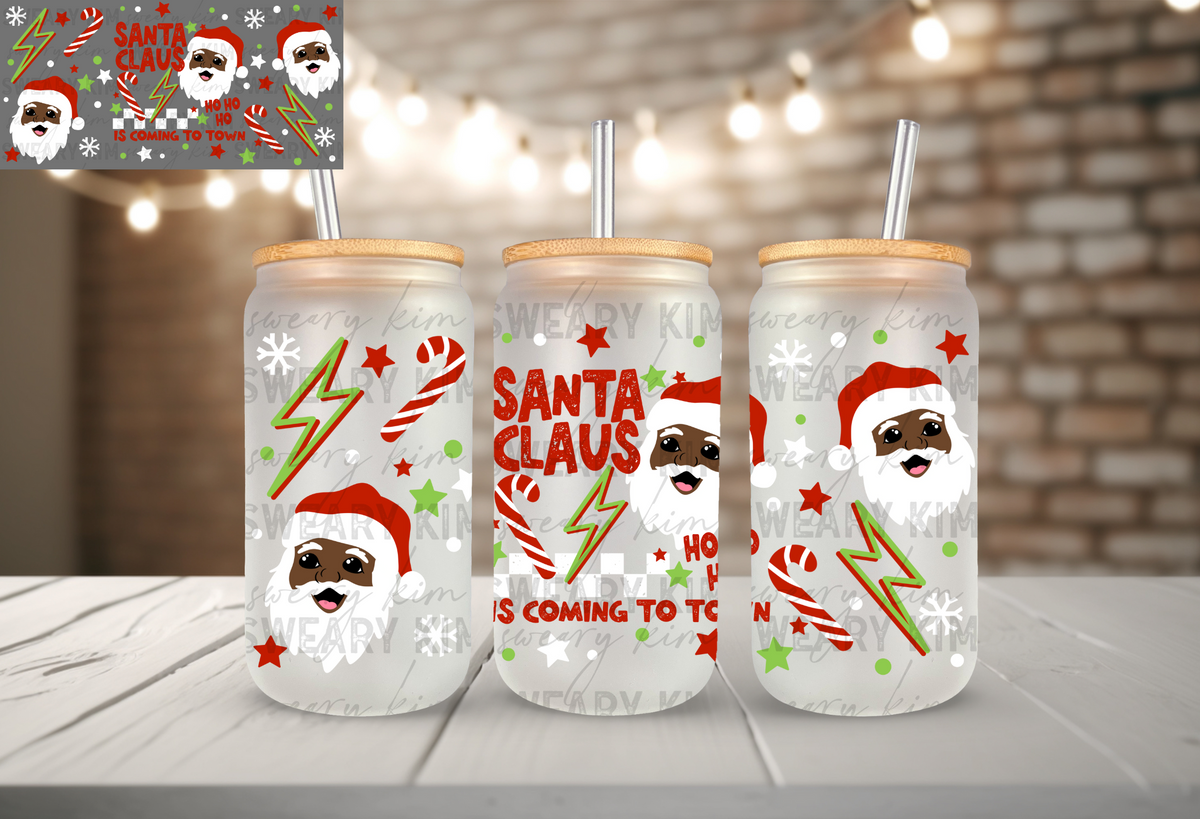 Chocolate Lightening Santa UV Dtf 16oz glass can wrap